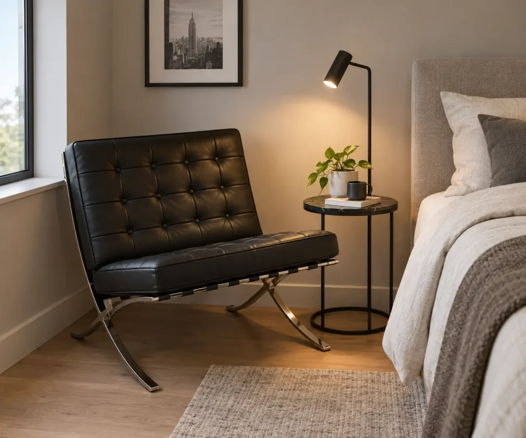 Single black Barcelona chair replica in the corner of a small bedroom
Title: Single Barcelona chair for small rooms