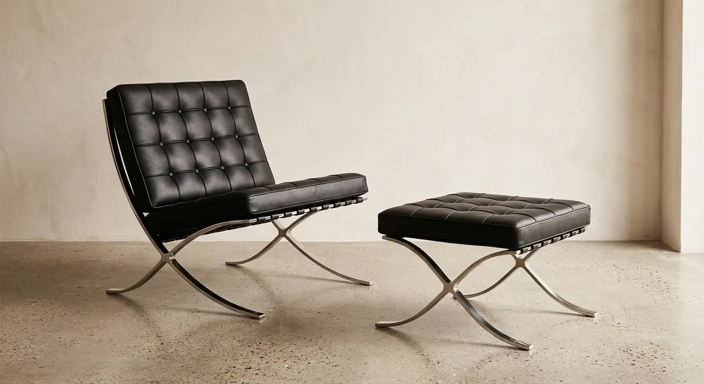 A Barcelona chair with its X-frame and tufted leather, and matching stool