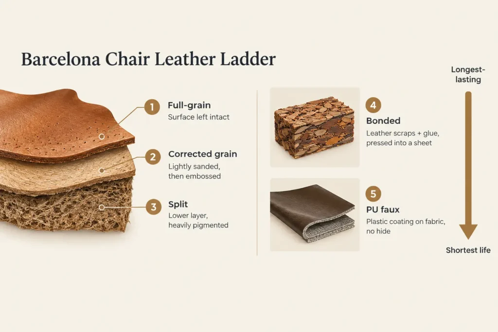 Diagram of Barcelona chair leather options from full-grain and corrected grain to split, bonded leather and PU faux leather