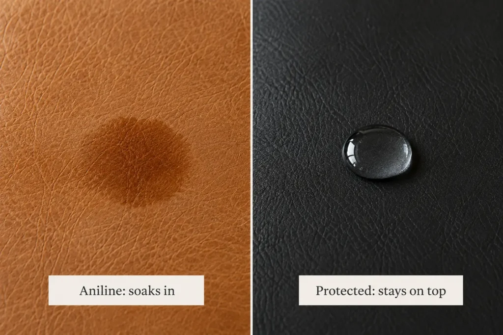Water-drop test on Barcelona chair leather, with one drop soaking into aniline leather and one drop sitting on protected leather