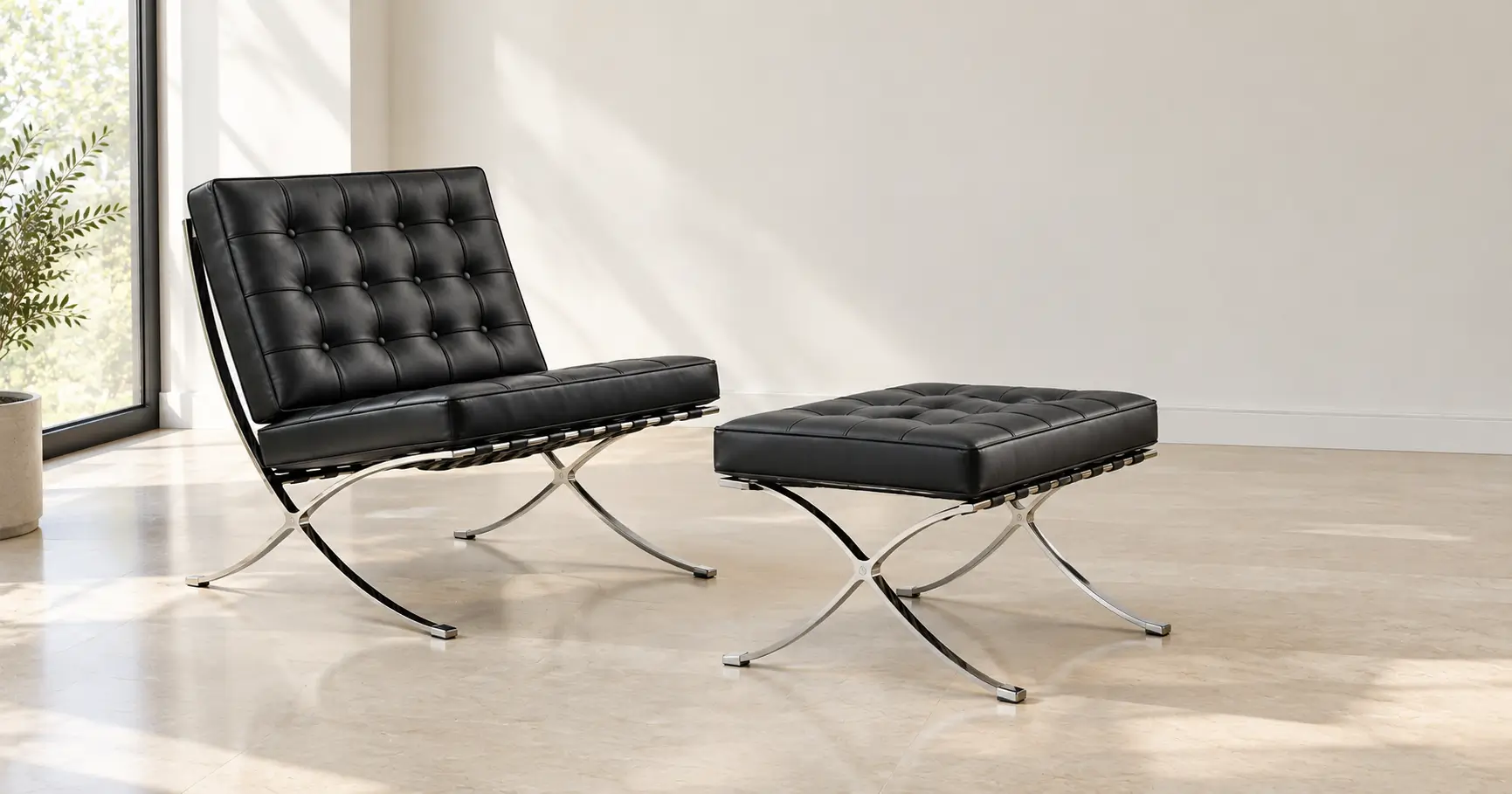 lack leather Barcelona chair replica with matching ottoman in a bright room, for the Barcelona chair price guide