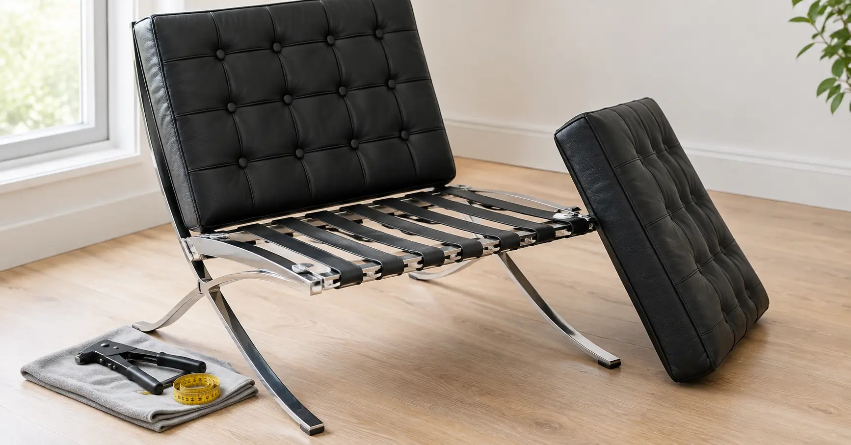 Barcelona chair with the seat cushion lifted off, showing the support straps on the steel frame ready for repair