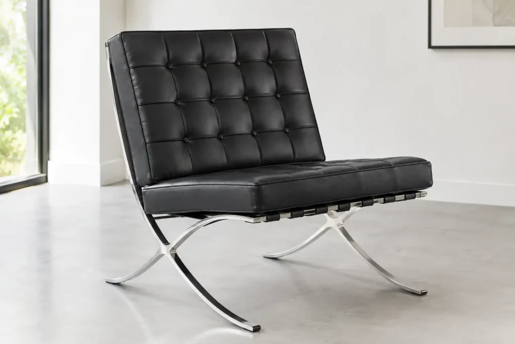 Sederica Barcelona chair replica in black leather with a polished stainless steel frame