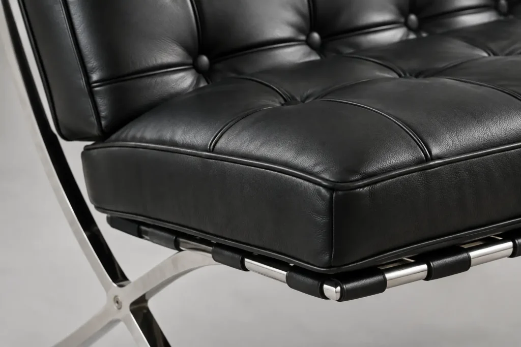 Close-up of the tufted leather panels, piping and steel frame on a Sederica Barcelona chair replica