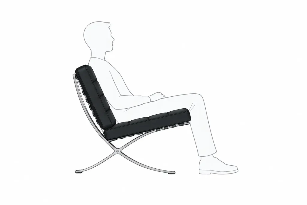 Side view diagram of a Barcelona chair showing the 43 cm seat height, the backward seat tilt and the low back