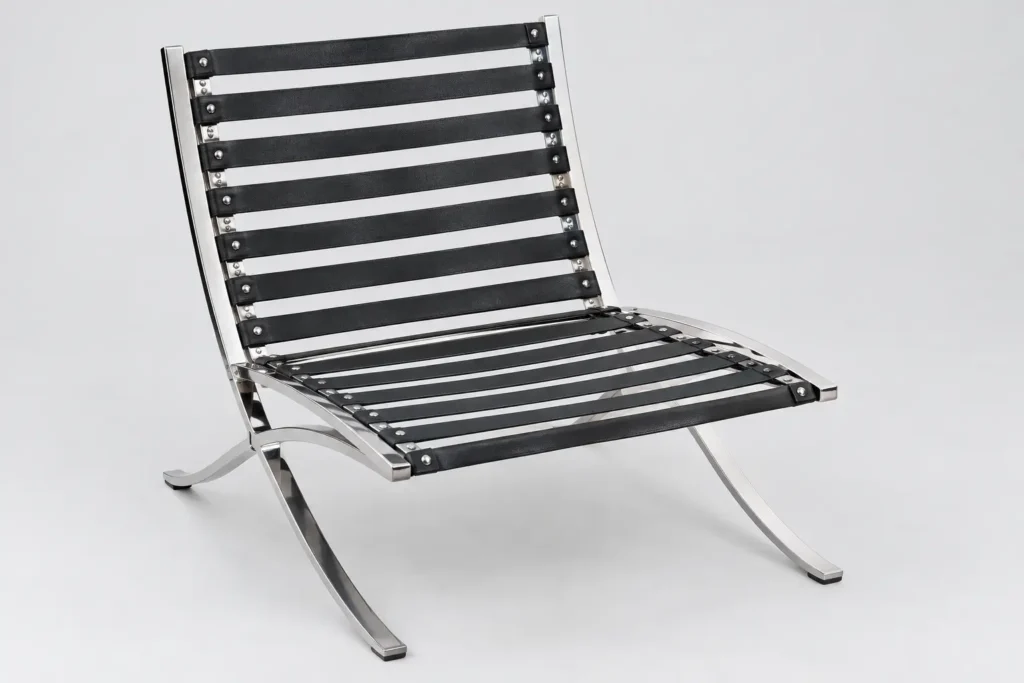 Barcelona chair frame with both cushions removed, showing the straps across the seat and back riveted to the steel frame