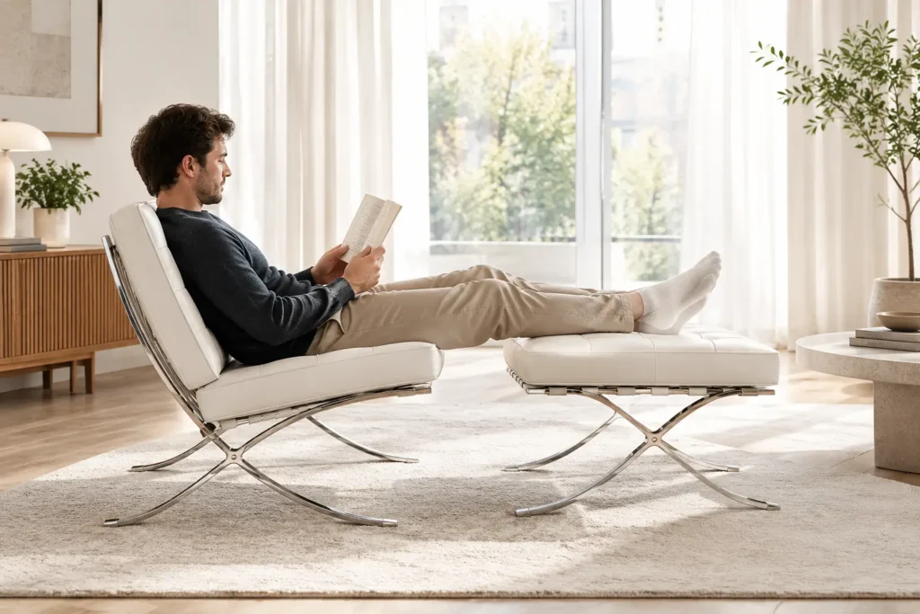 Person reading in a white Barcelona chair replica with both feet up on the matching ottoman