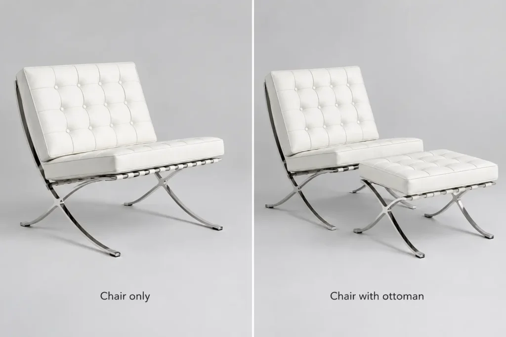 White Barcelona chair replica shown alone and with its matching ottoman, to compare chair-only and set prices