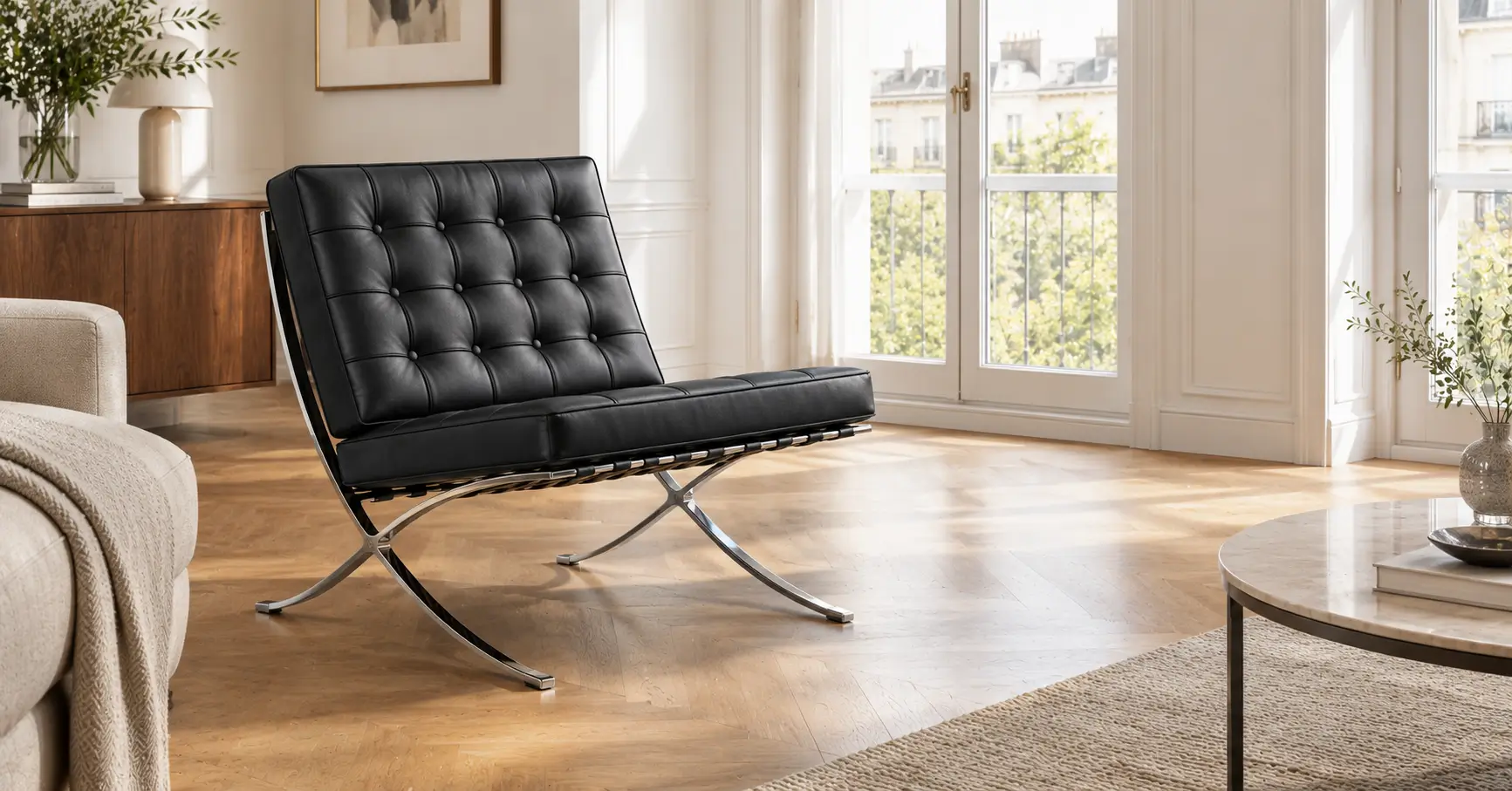 Black leather Barcelona chair replica with a polished stainless steel X-frame in a bright European living room