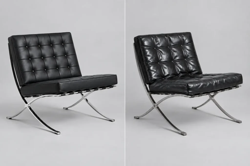 Side-by-side comparison of a well-made Barcelona chair replica and a poorly made copy