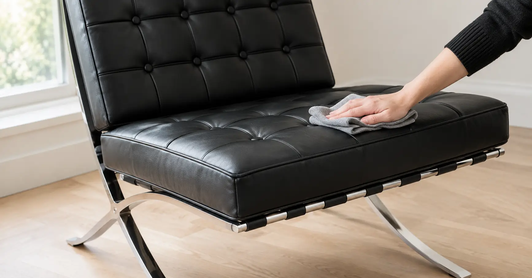 Hand wiping the black leather cushion of a Barcelona chair replica with a grey microfibre cloth beside the polished steel frame
