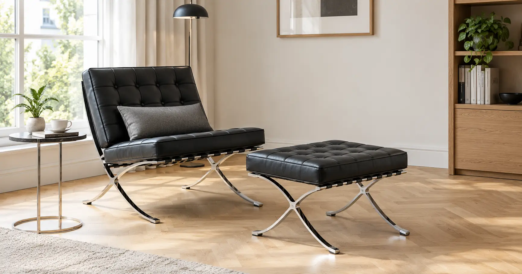 Black Barcelona chair replica with ottoman and a slim lumbar cushion in a bright reading corner