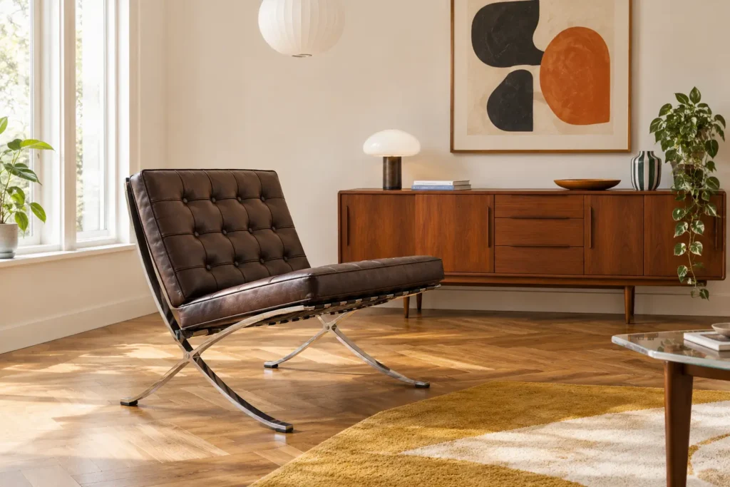 Brown leather mid-century Barcelona chair replica next to a teak sideboard in a bright mid-century modern living room