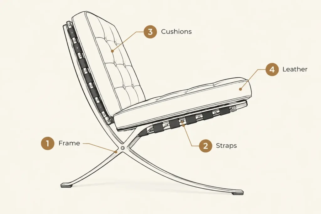 Diagram of a second-hand Barcelona chair with four inspection points marked: frame, straps, cushions and leather