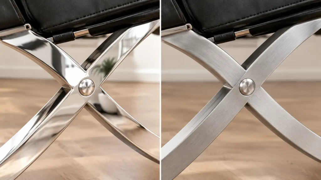 Close-up comparison of a Barcelona chair frame in mirror-polished glossy stainless steel and brushed matt steel where the bars cross