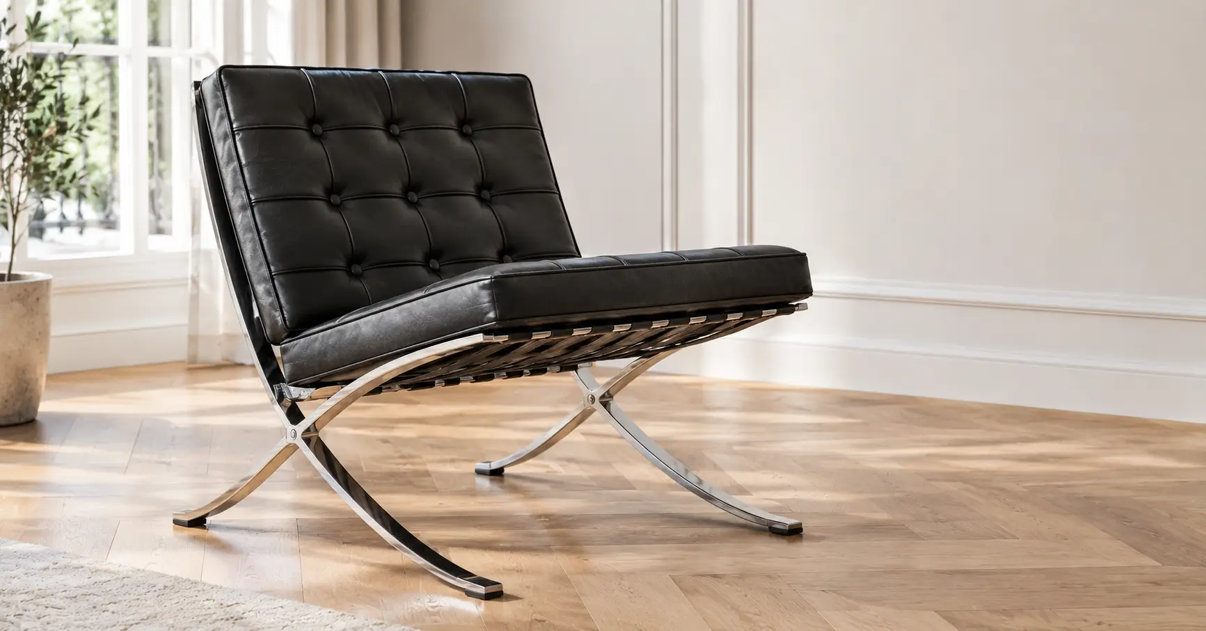 Barcelona style chair replica with a polished stainless steel X-frame and black leather tufted cushions, showing the main Barcelona chair materials