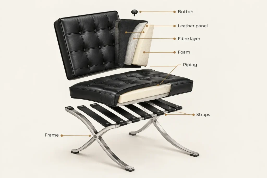 Exploded diagram of Barcelona chair materials showing the stainless steel X-frame, leather support straps, foam cushion core, leather panels, piping and buttons