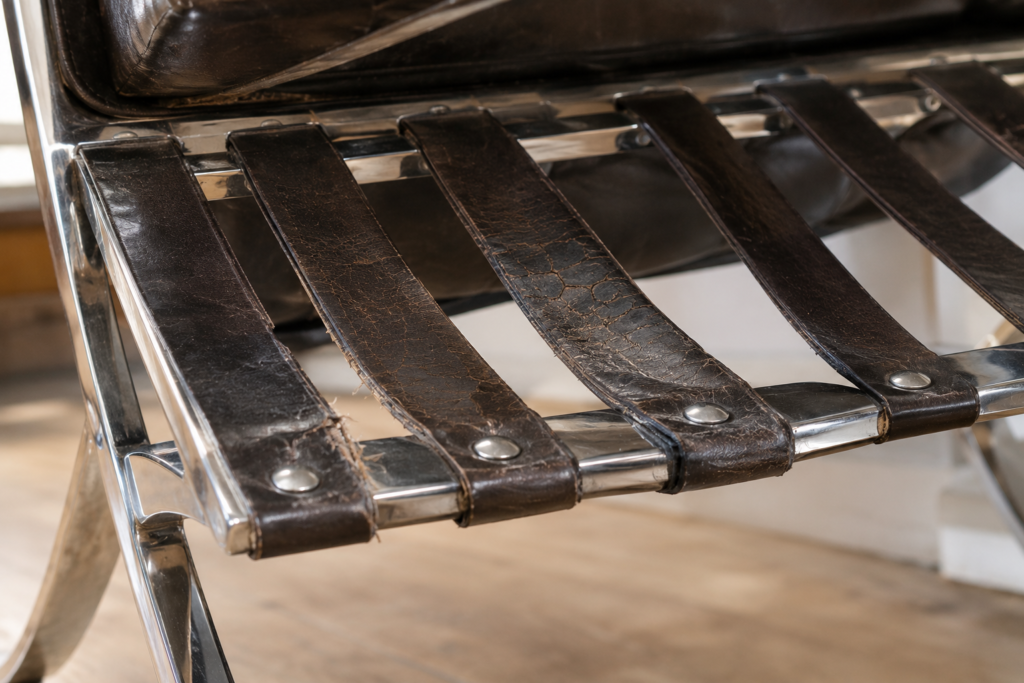 Underside of a used Barcelona chair showing cracked and sagging leather support straps