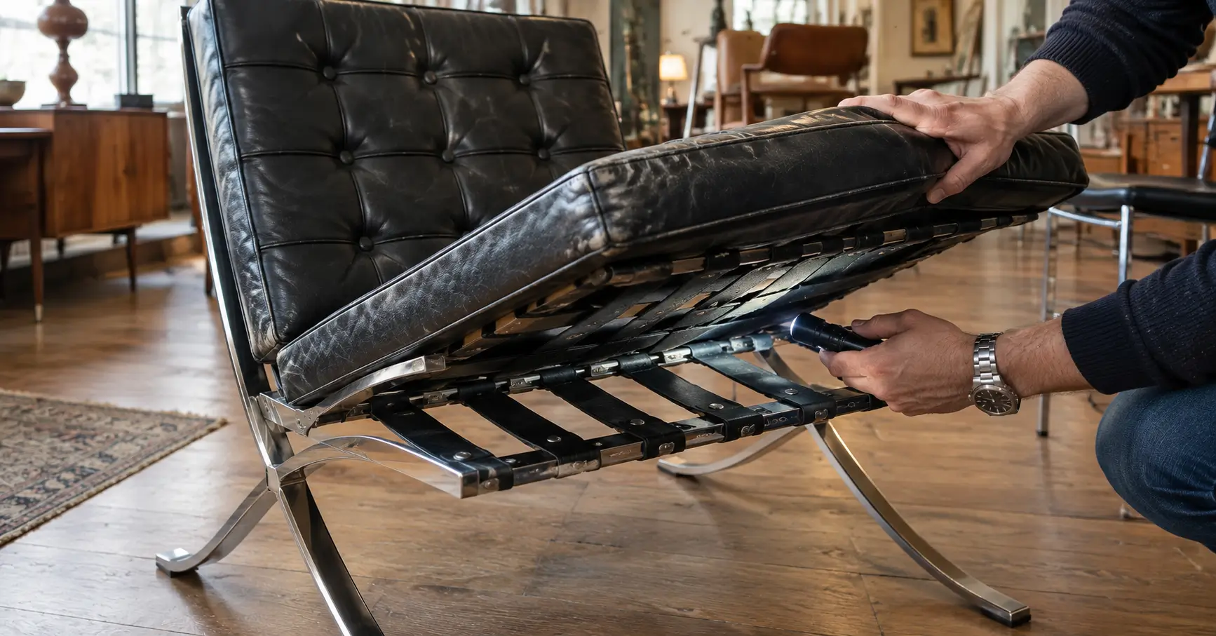 Second-hand vintage Barcelona chair in worn black leather being checked underneath with a torch