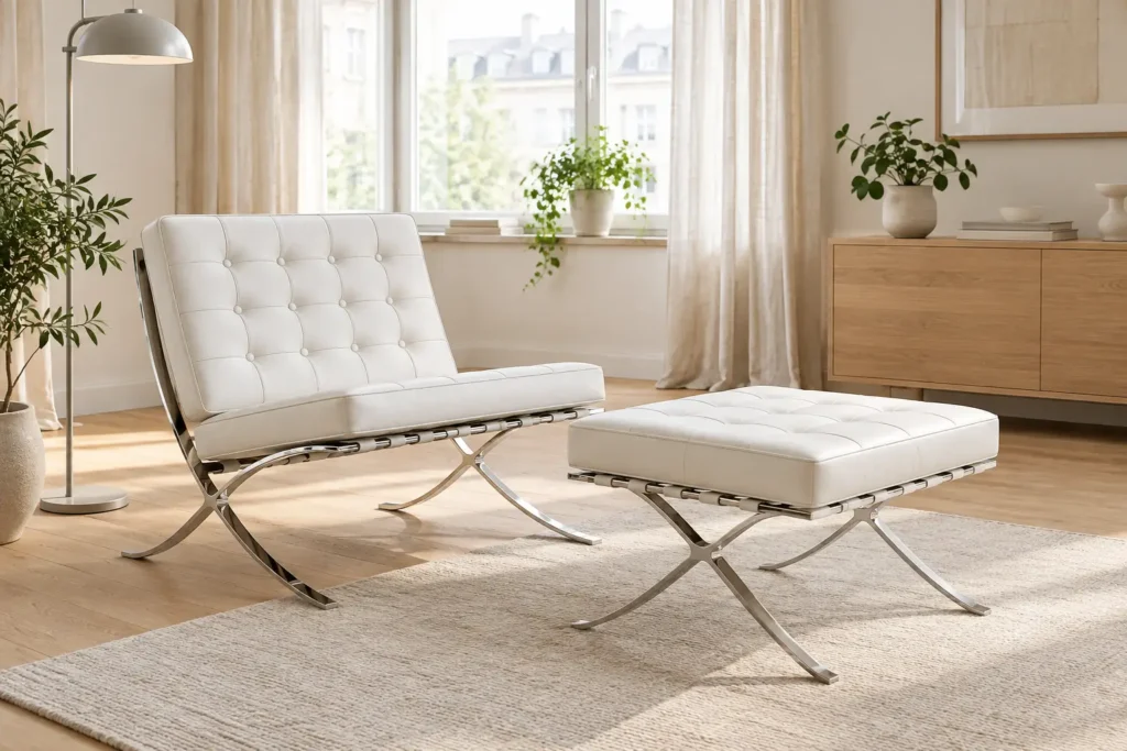 White Barcelona chair and ottoman replica in a light Scandinavian-style room with oak floors
